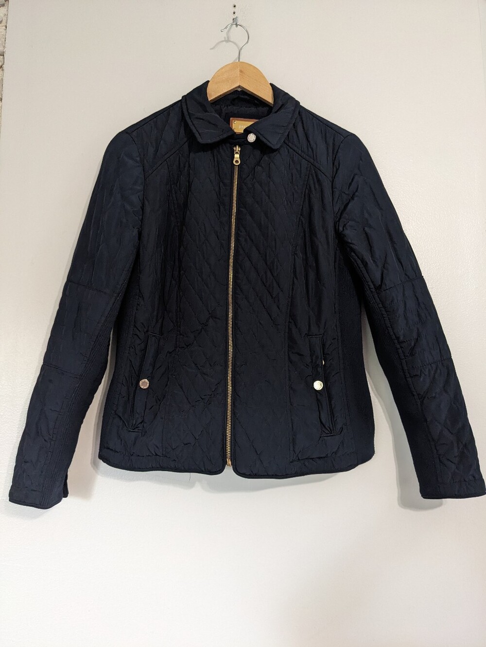 Per Una Jacket Women's Medium Navy Gold Quilted Satin Lined Business Classic